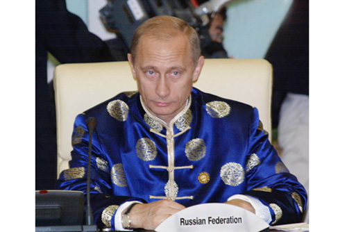 russian president vladimir putin wearing a tang suit, traditional chinese new year clothes